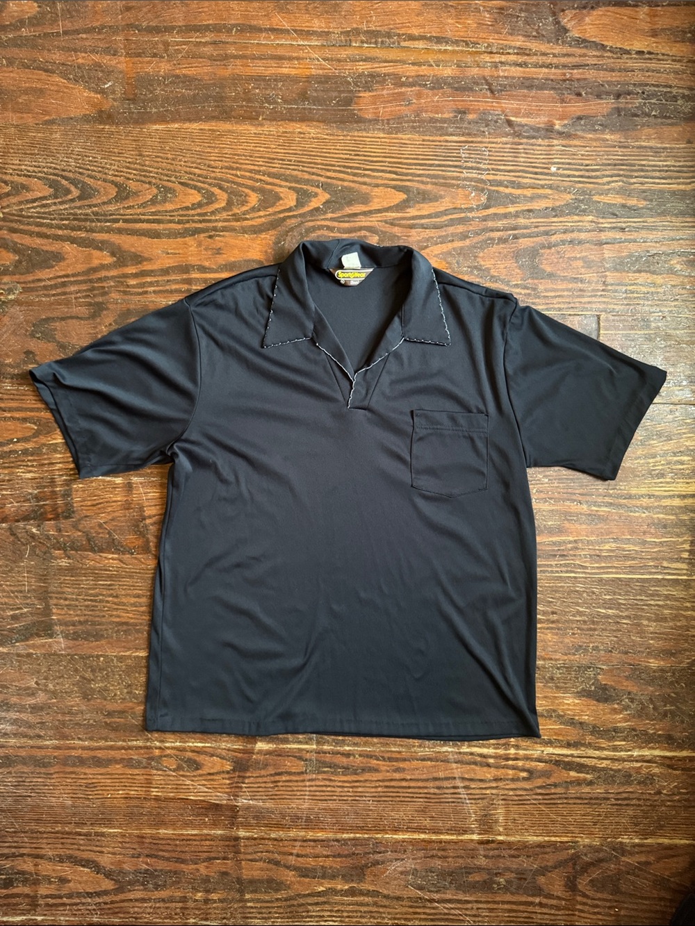 Vintage 70s Sears Sportswear Black Polyester Short Sleeve Collared Shirt L/XL